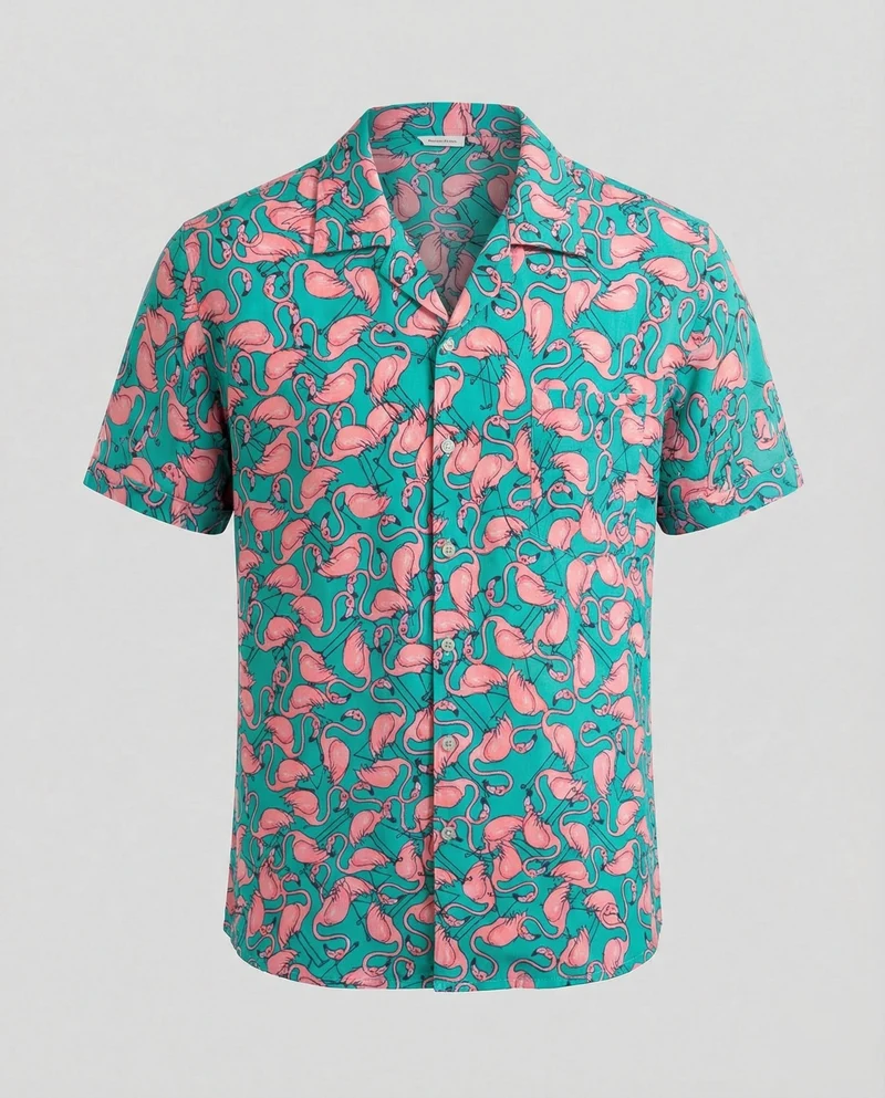Herren luftig-leichtes Viskose-Resorthemd mit Flamingo-Allover-Print, Reverskragen und legerer Passform Nord Taschen