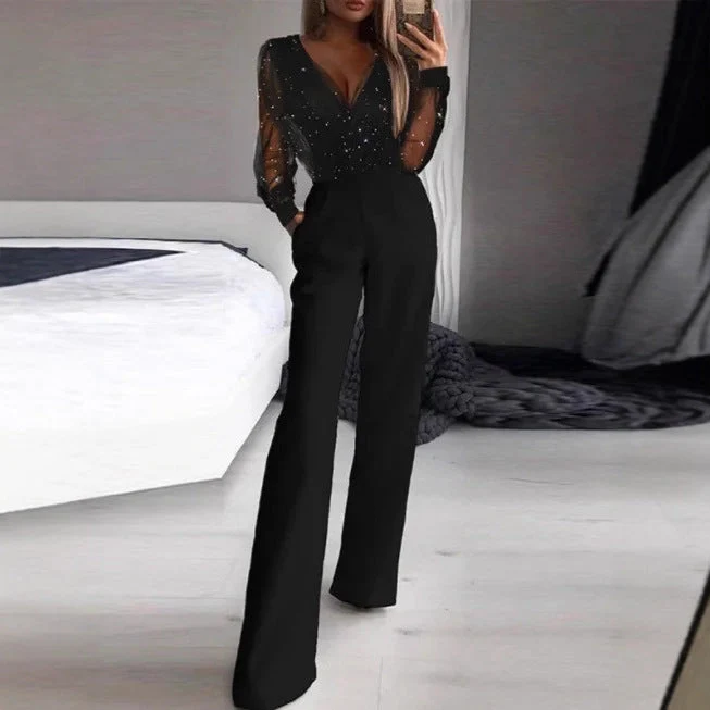 Damen Elegante Jumpsuit mit transparenter Bluse und schimmernden Akzenten