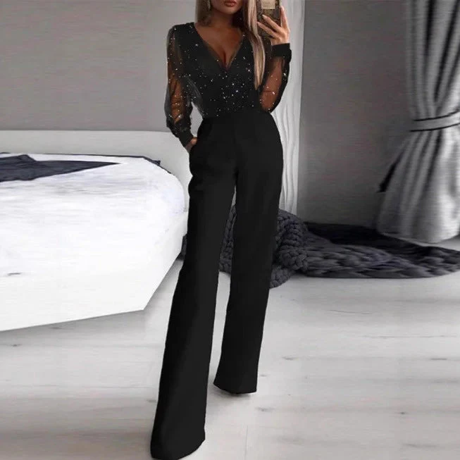 Damen Elegante Jumpsuit mit transparenter Bluse und schimmernden Akzenten