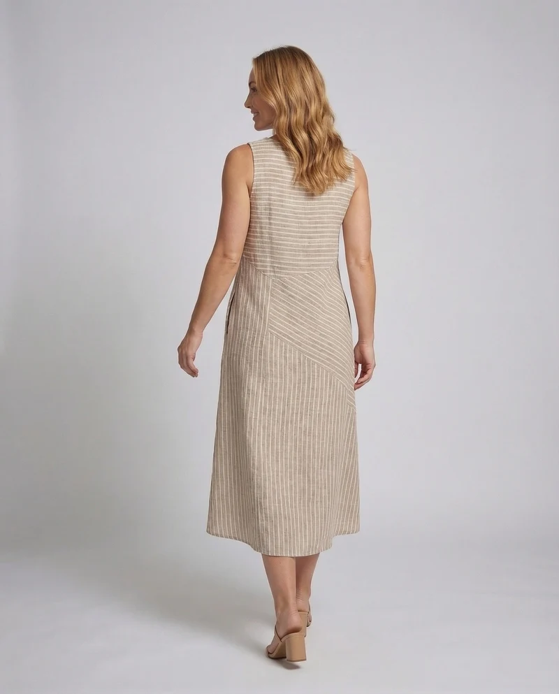Damen Leinenmix-Midikleid Diagonale Streifenoptik