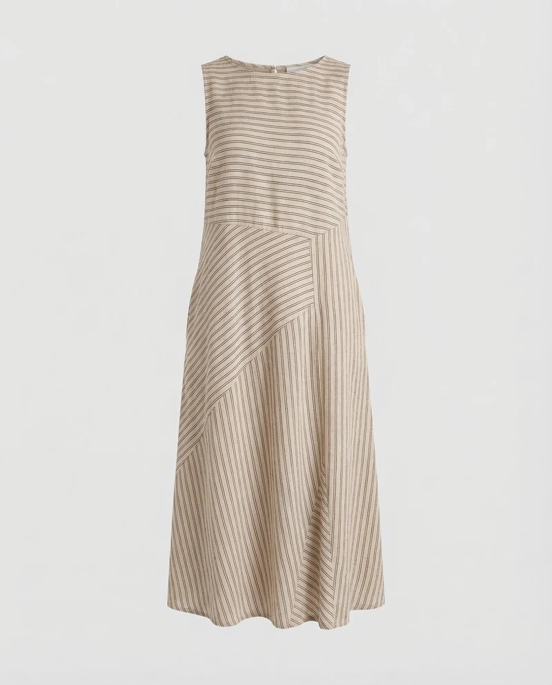 Damen Leinenmix-Midikleid Diagonale Streifenoptik