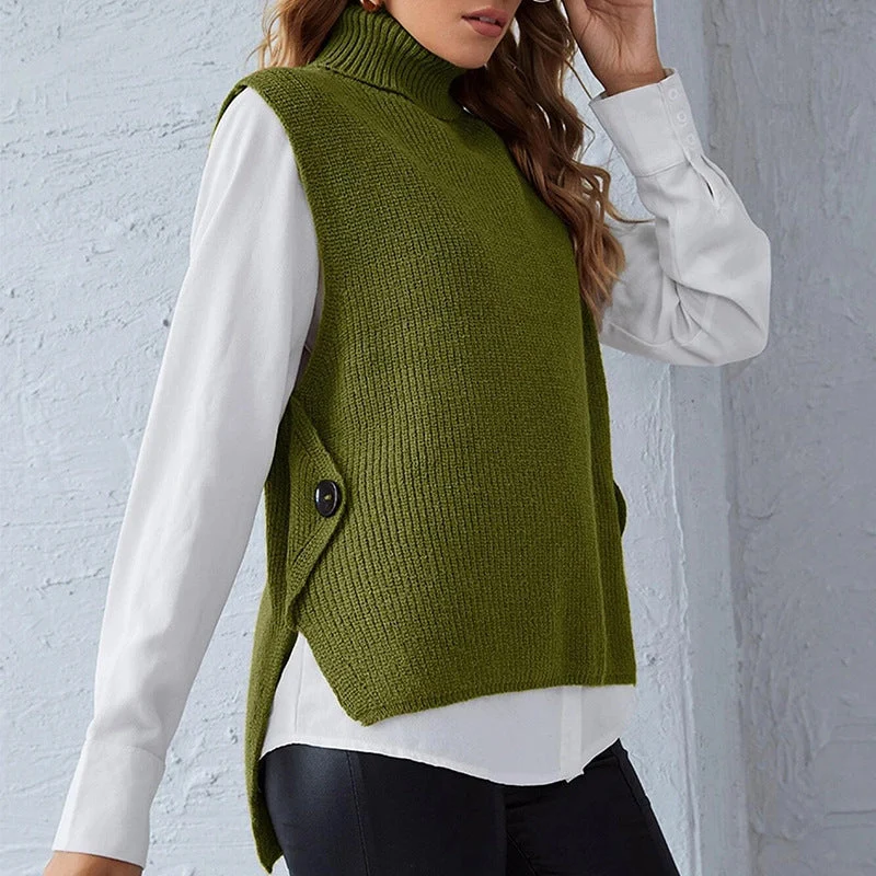 Damen ärmellose Strickjacke mit hohem Kragen und Knopfdetails