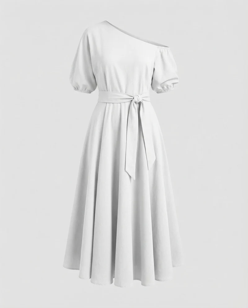 Damen Schwingende Puffärmel Ein-Schulter-Midikleid