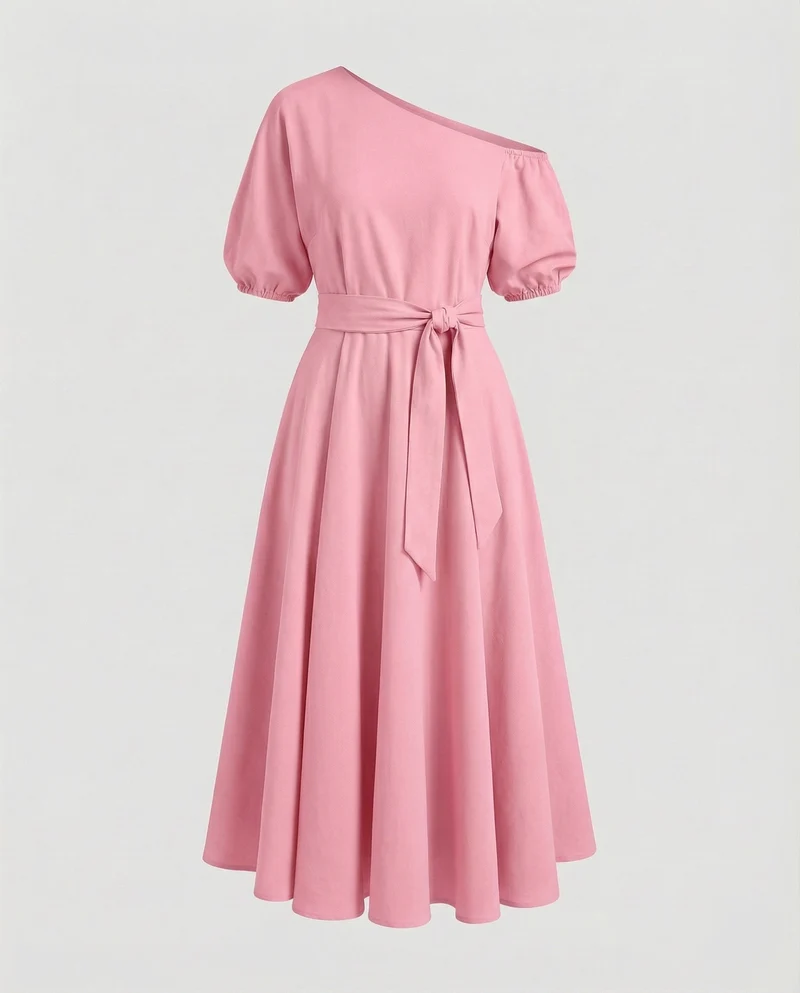 Damen Schwingende Puffärmel Ein-Schulter-Midikleid