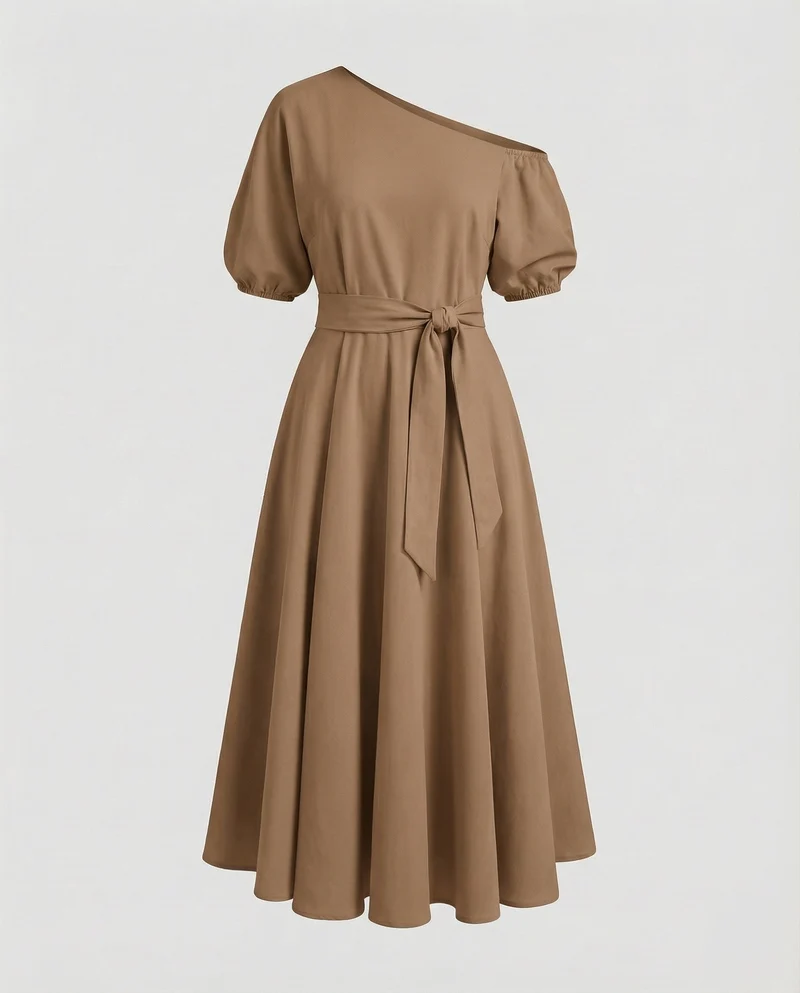 Damen Schwingende Puffärmel Ein-Schulter-Midikleid