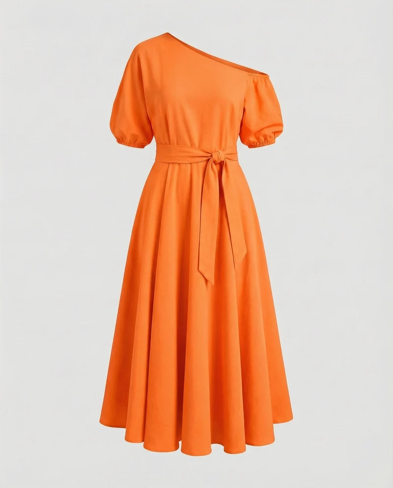 Damen Schwingende Puffärmel Ein-Schulter-Midikleid