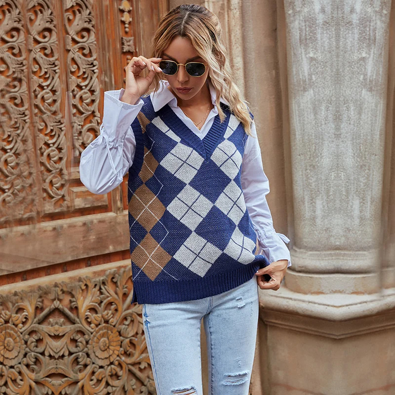 Damen Ärmellose Argyle-Strickweste mit V-Ausschnitt und Retro-Rautenmuster Nord Taschen