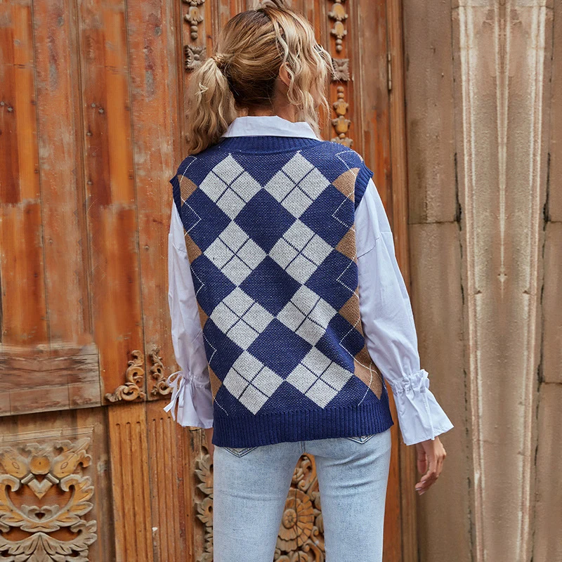 Damen Ärmellose Argyle-Strickweste mit V-Ausschnitt und Retro-Rautenmuster Nord Taschen
