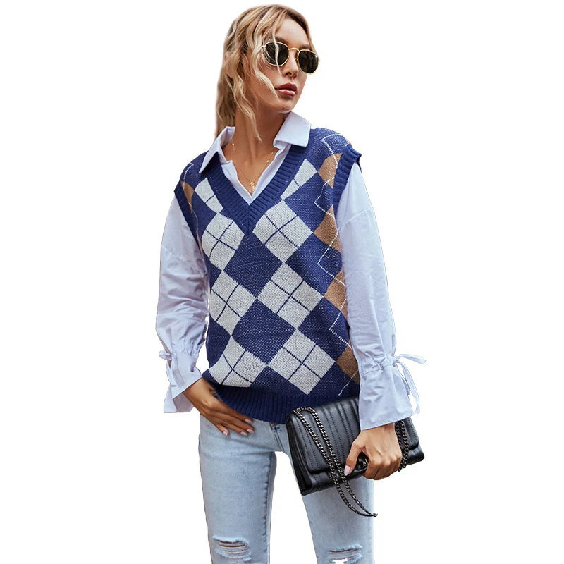 Damen Ärmellose Argyle-Strickweste mit V-Ausschnitt und Retro-Rautenmuster Nord Taschen
