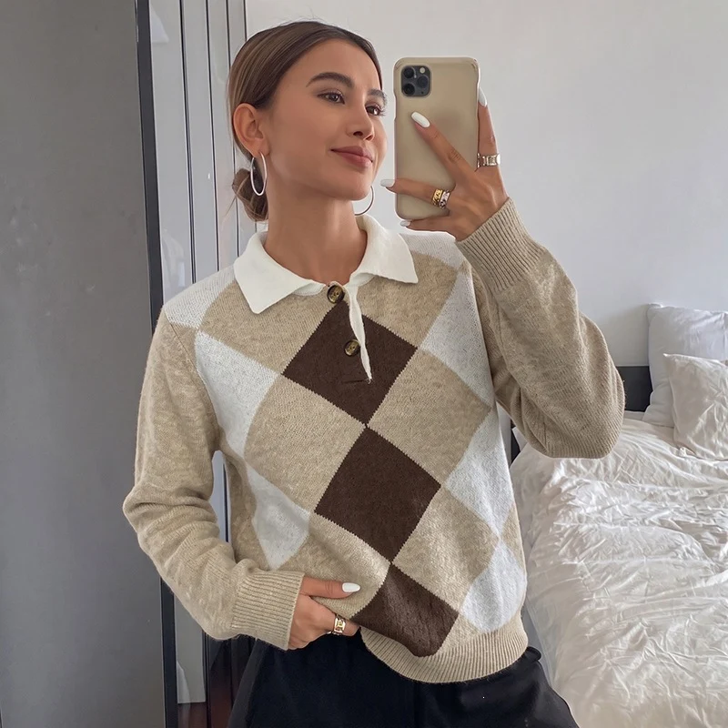 Damen Argyle-Polo-Strickpullover mit kontrastkragen und Zierknopf Nord Taschen