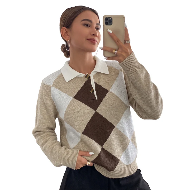 Damen Argyle-Polo-Strickpullover mit kontrastkragen und Zierknopf Nord Taschen
