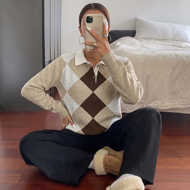 Damen Argyle-Polo-Strickpullover mit kontrastkragen und Zierknopf Nord Taschen