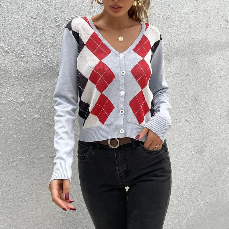 Damen Argyle-Cardigan mit tiefem V-Ausschnitt, feinem Feinstrick und Knopfleiste Nord Taschen