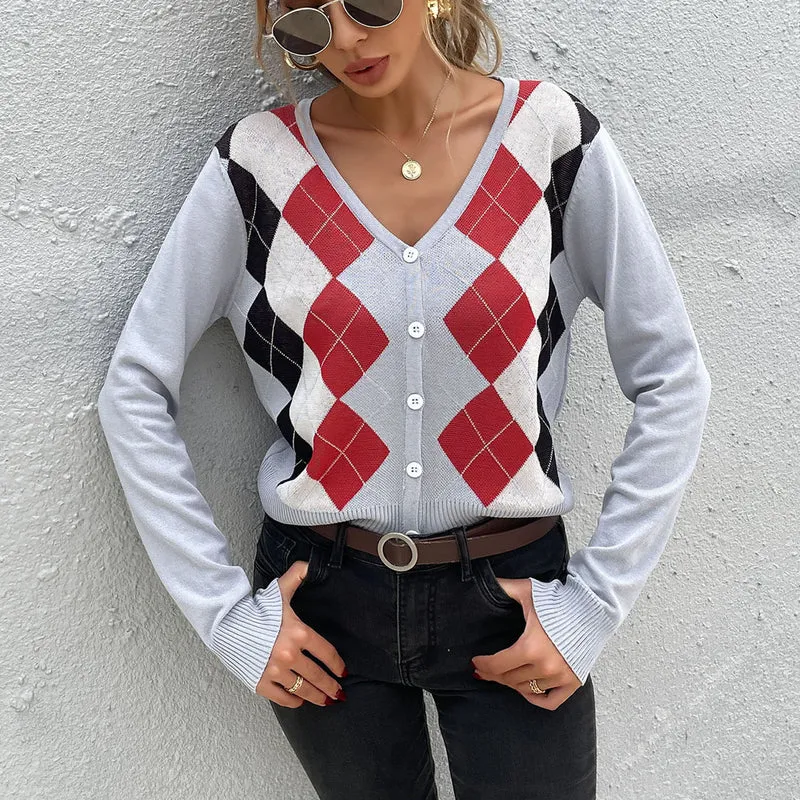 Damen Argyle-Cardigan mit tiefem V-Ausschnitt, feinem Feinstrick und Knopfleiste Nord Taschen