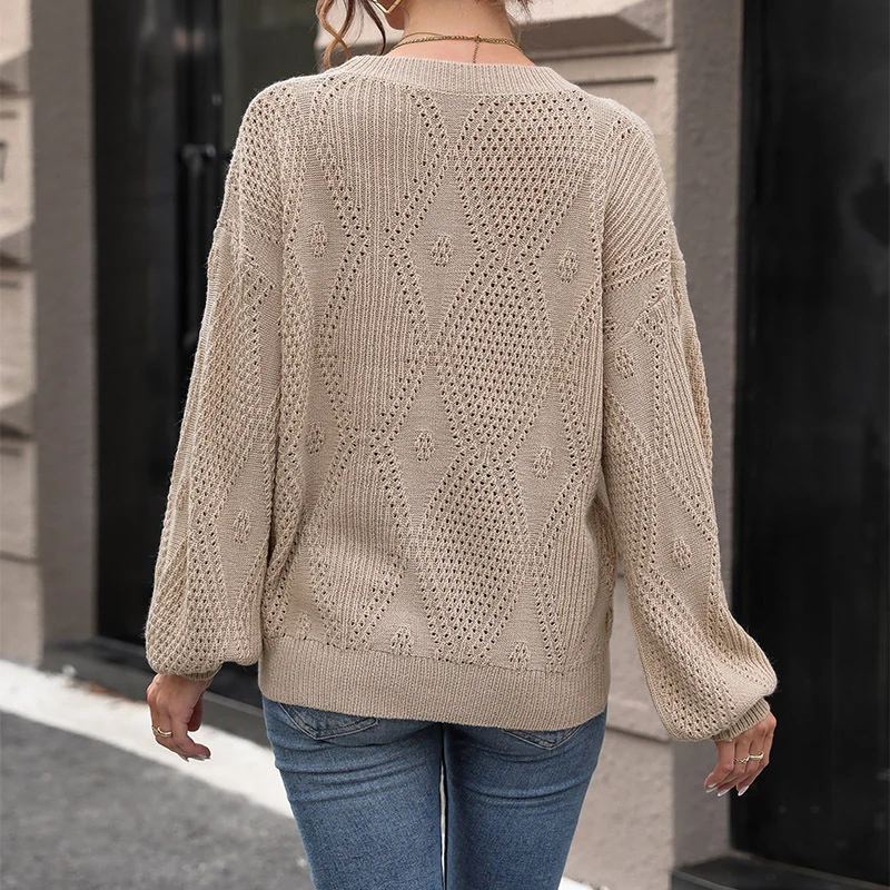 Damen Ajourstrick-Pullover mit Diamantmuster, Oversize-Ballonärmeln und Rundhalsausschnitt Nord Taschen