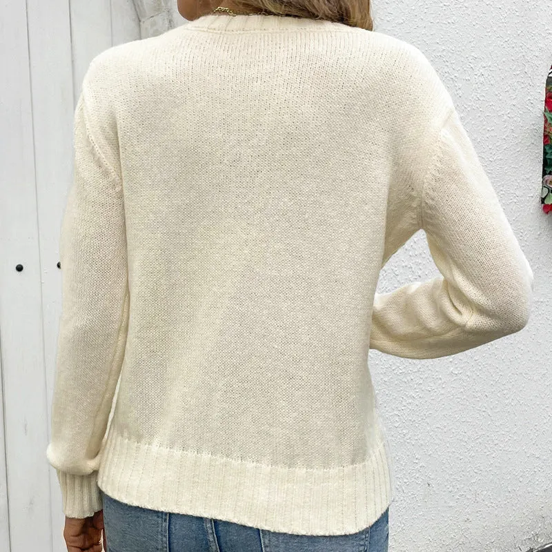 Damen Ajourgestrickter Pullover mit Wellenmuster, Rundhalsausschnitt und elastischen Bündchen Nord Taschen