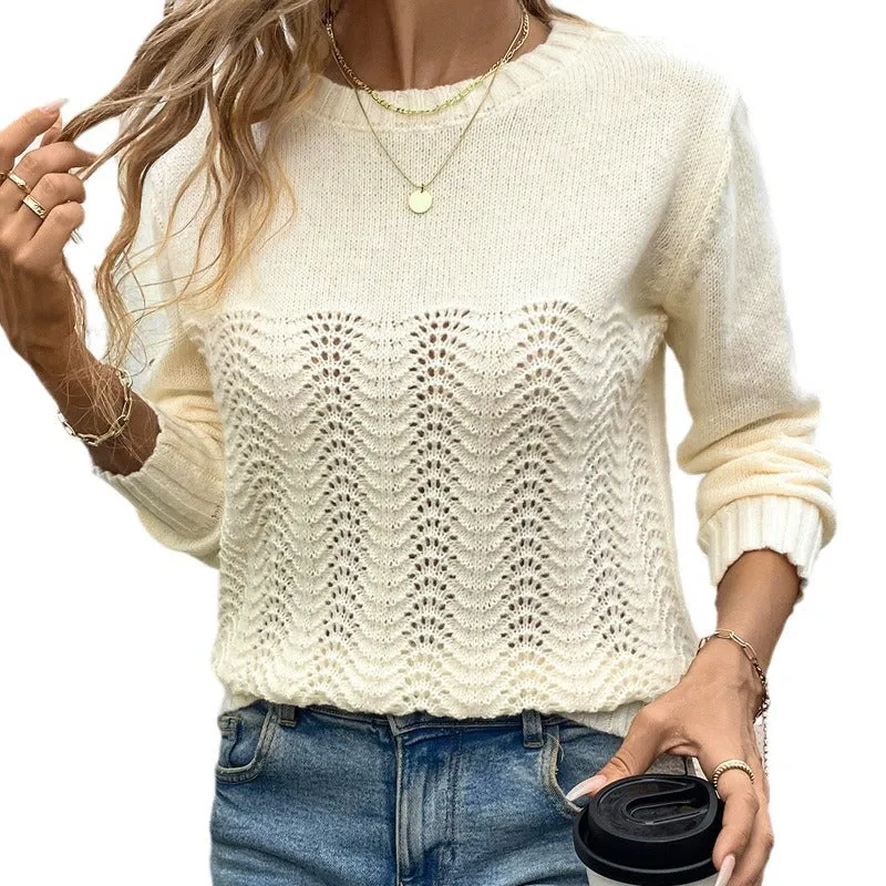 Damen Ajourgestrickter Pullover mit Wellenmuster, Rundhalsausschnitt und elastischen Bündchen Nord Taschen