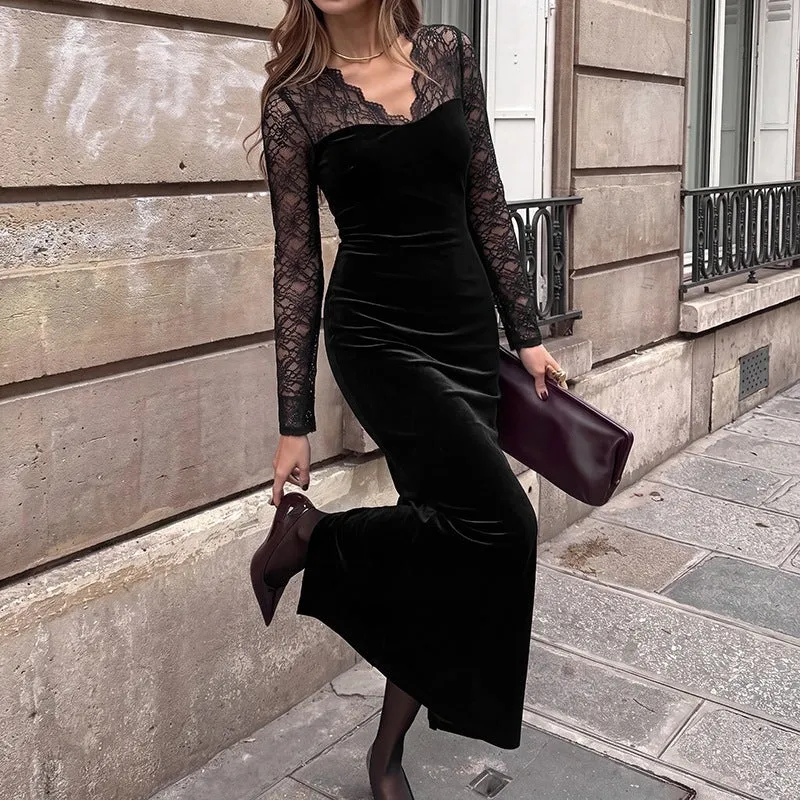 Damen Abendkleid mit transparenten Spitzenärmeln, Samtrock und Illusions‑Herzausschnitt Nord Taschen