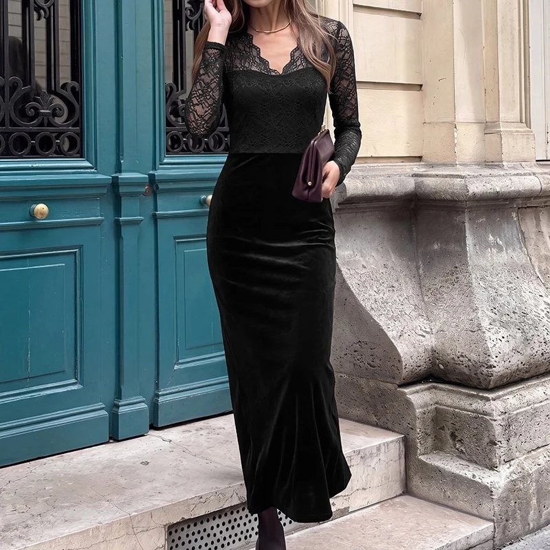 Damen Abendkleid mit transparenten Spitzenärmeln, Samtrock und Illusions‑Herzausschnitt Nord Taschen