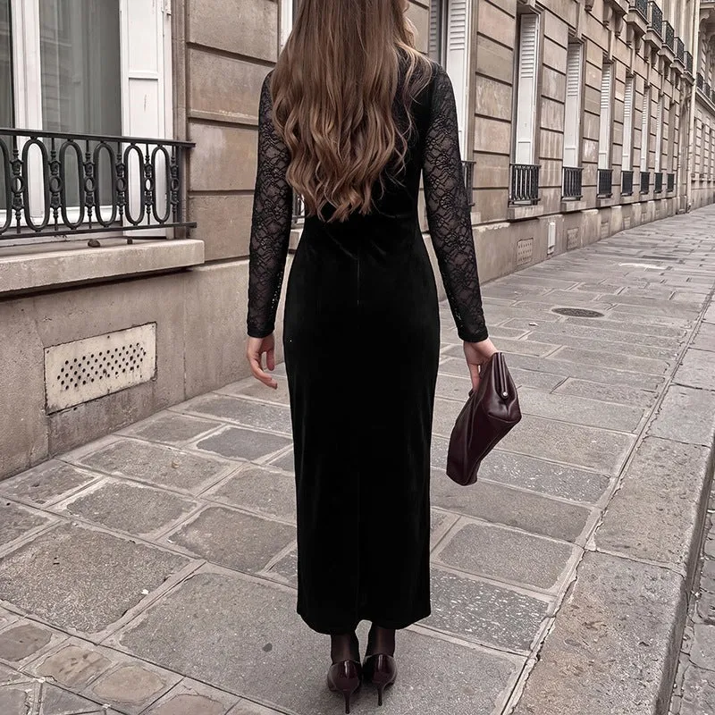 Damen Abendkleid mit transparenten Spitzenärmeln, Samtrock und Illusions‑Herzausschnitt Nord Taschen