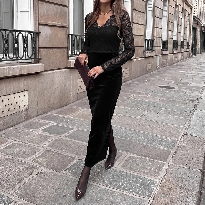 Damen Abendkleid mit transparenten Spitzenärmeln, Samtrock und Illusions‑Herzausschnitt Nord Taschen