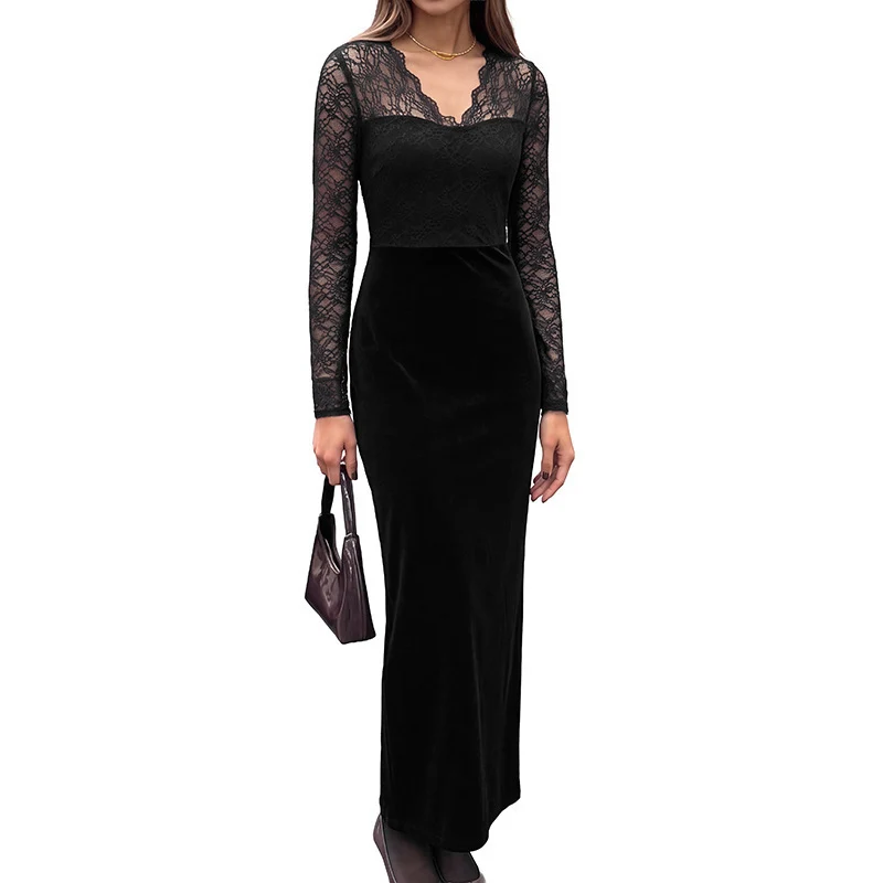 Damen Abendkleid mit transparenten Spitzenärmeln, Samtrock und Illusions‑Herzausschnitt Nord Taschen