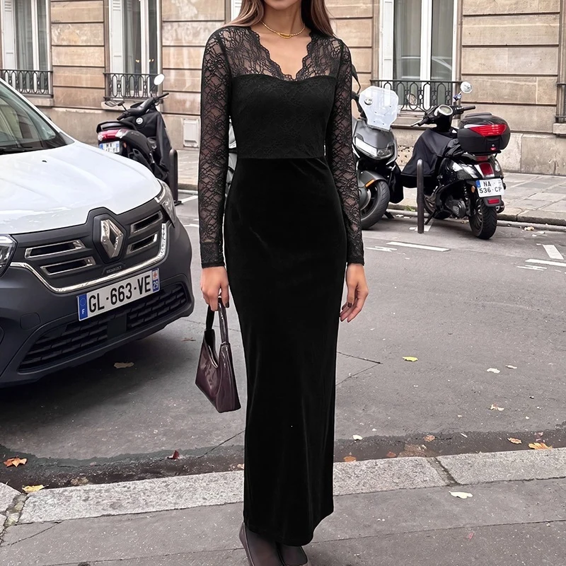 Damen Abendkleid mit transparenten Spitzenärmeln, Samtrock und Illusions‑Herzausschnitt Nord Taschen