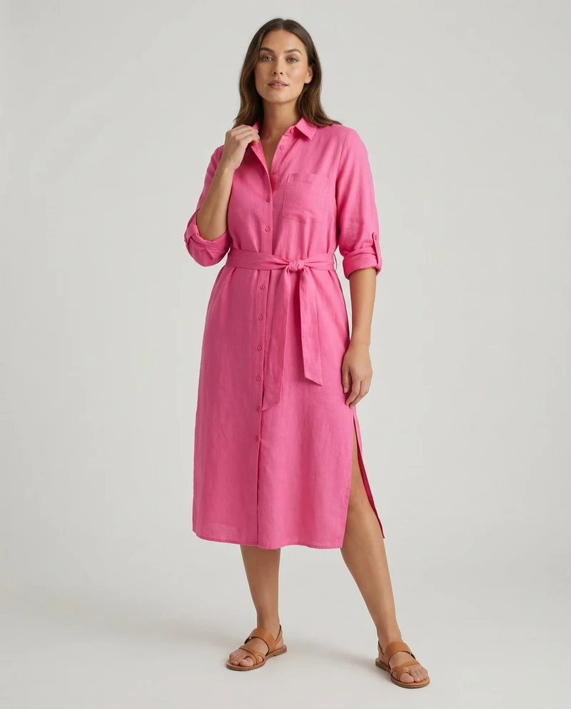 Damen luftiges Musselin-Hemdkleid mit Bindegürtel krempelbaren Ärmeln und seitlichem Beinschlitz