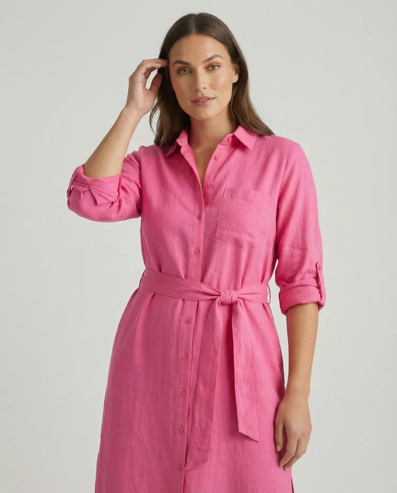 Damen luftiges Musselin-Hemdkleid mit Bindegürtel krempelbaren Ärmeln und seitlichem Beinschlitz