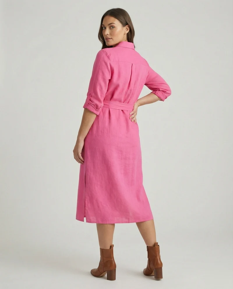 Damen luftiges Musselin-Hemdkleid mit Bindegürtel krempelbaren Ärmeln und seitlichem Beinschlitz