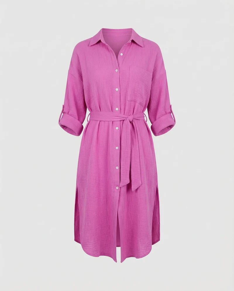 Damen luftiges Musselin-Hemdkleid mit Bindegürtel krempelbaren Ärmeln und seitlichem Beinschlitz