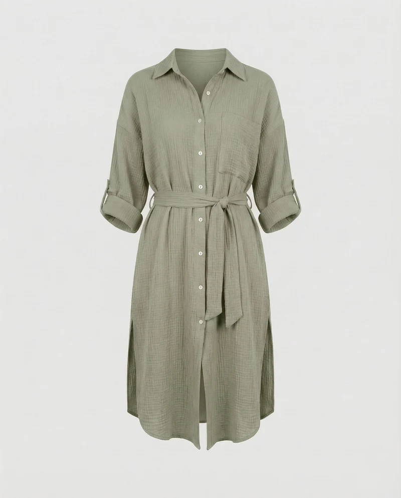 Damen luftiges Musselin-Hemdkleid mit Bindegürtel krempelbaren Ärmeln und seitlichem Beinschlitz