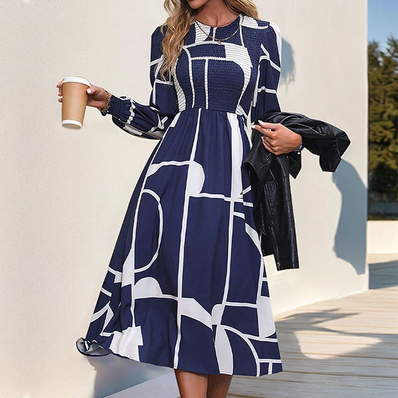 Damen A‑Linien‑Midikleid mit Smock‑Bustier, langen Ballonärmeln und grafischem Print Nord Taschen