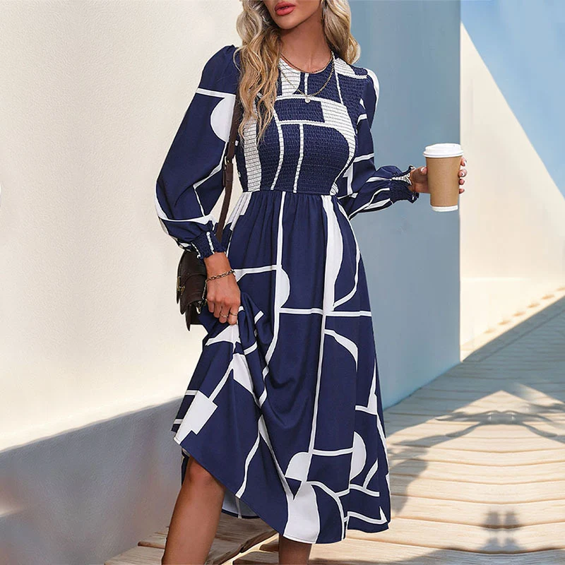 Damen A‑Linien‑Midikleid mit Smock‑Bustier, langen Ballonärmeln und grafischem Print Nord Taschen