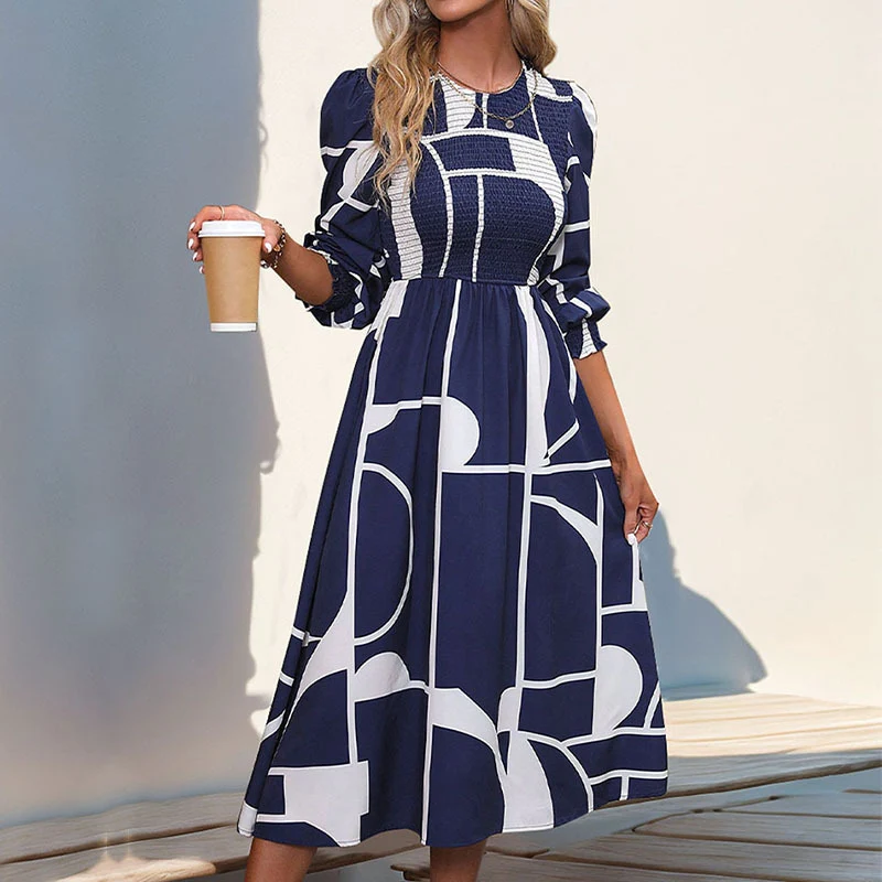 Damen A‑Linien‑Midikleid mit Smock‑Bustier, langen Ballonärmeln und grafischem Print Nord Taschen