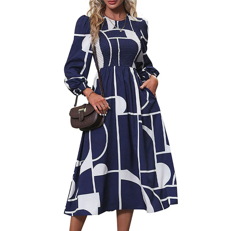 Damen A‑Linien‑Midikleid mit Smock‑Bustier, langen Ballonärmeln und grafischem Print Nord Taschen