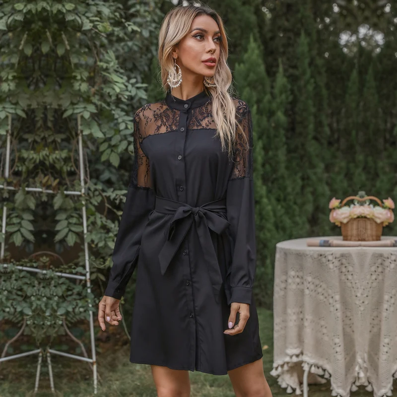 Damen A-Linien-Hemdblusenkleid mit Spitzeneinsatz, Bindegürtel und Knopfleiste Nord Taschen