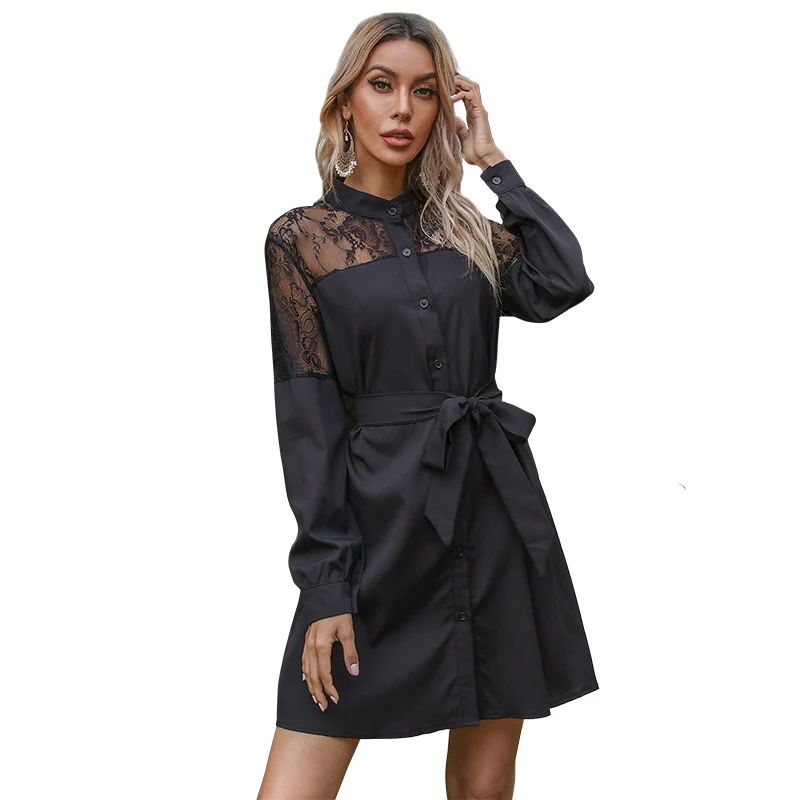 Damen A-Linien-Hemdblusenkleid mit Spitzeneinsatz, Bindegürtel und Knopfleiste Nord Taschen