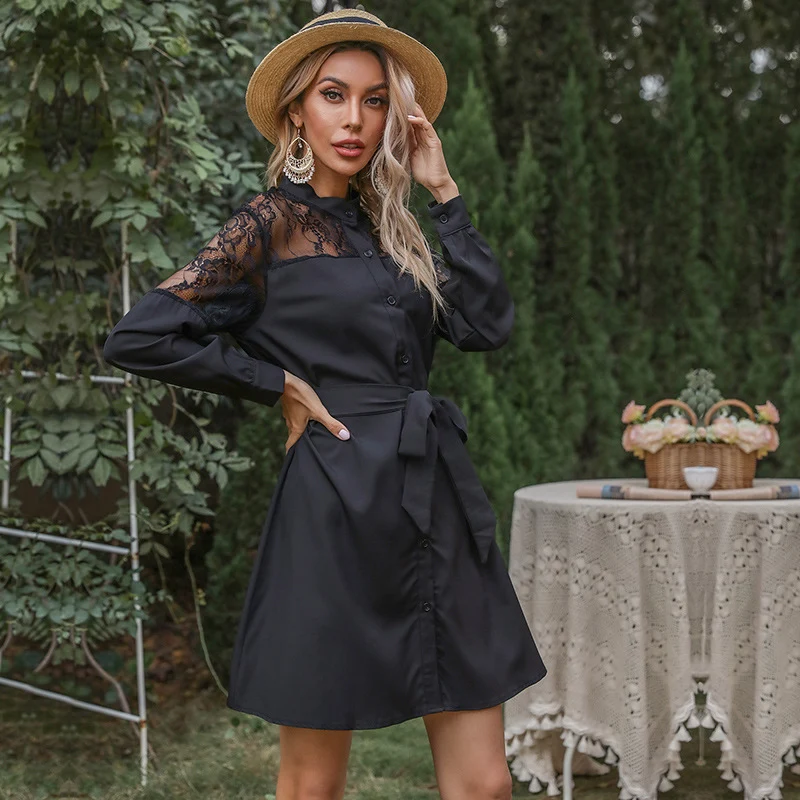 Damen A-Linien-Hemdblusenkleid mit Spitzeneinsatz, Bindegürtel und Knopfleiste Nord Taschen