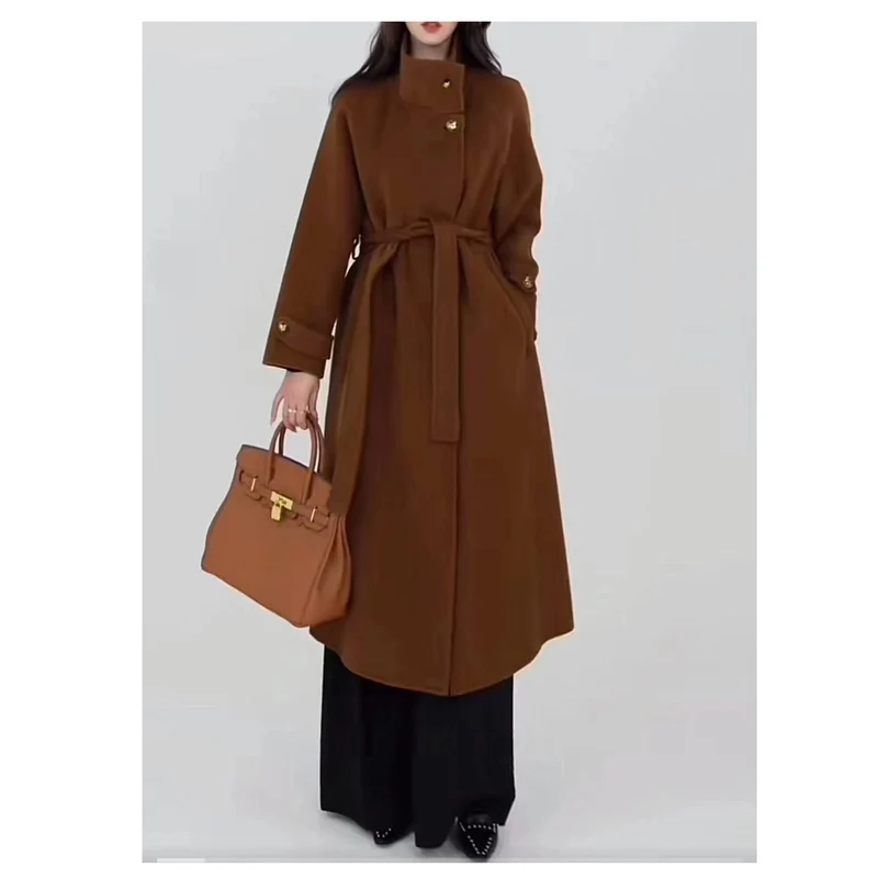 Damen Wollmantel mit Taillengürtel und Stehkragen Nord Taschen