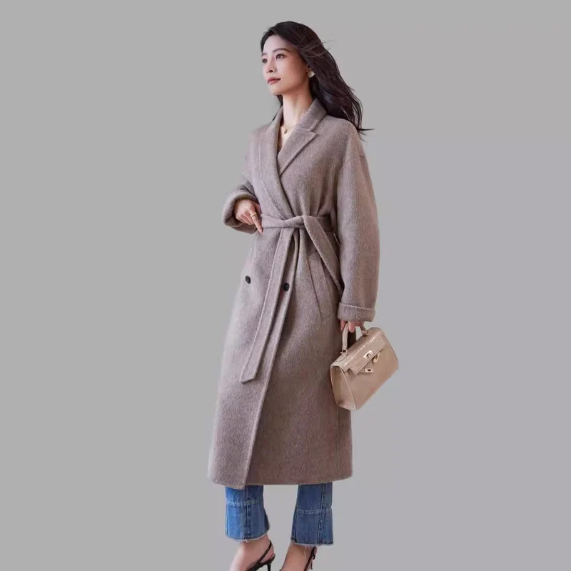 Damen Wollmantel mit Bindegürtel und weitem Revers Nord Taschen