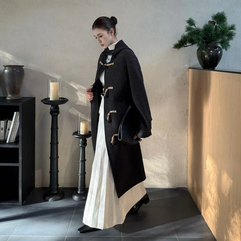 Damen Woll-Dufflecoat mit Knebelverschlüssen und Oversize-Schnitt Nord Taschen