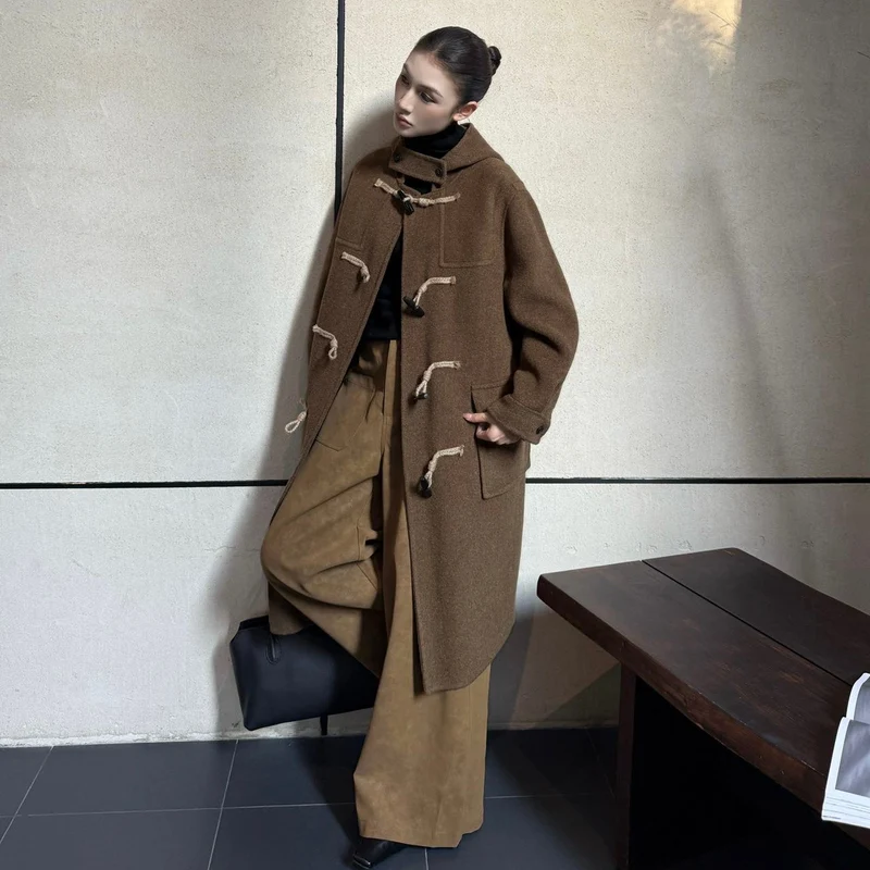 Damen Woll-Dufflecoat mit Knebelverschlüssen und Oversize-Schnitt Nord Taschen