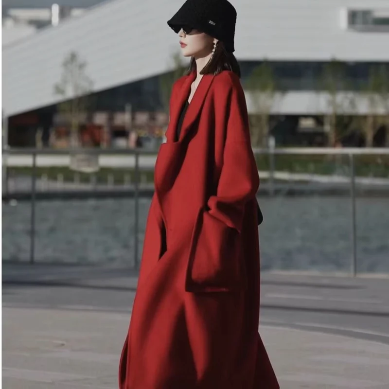 Damen Oversized Wollmix Maximalistischer Mantel mit weitem Revers Nord Taschen