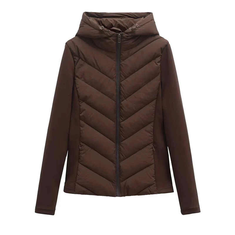 Damen gesteppte Kapuzenjacke mit Chevron‑Stepp, Einsätzen aus Softshell und verdecktem Reißverschluss