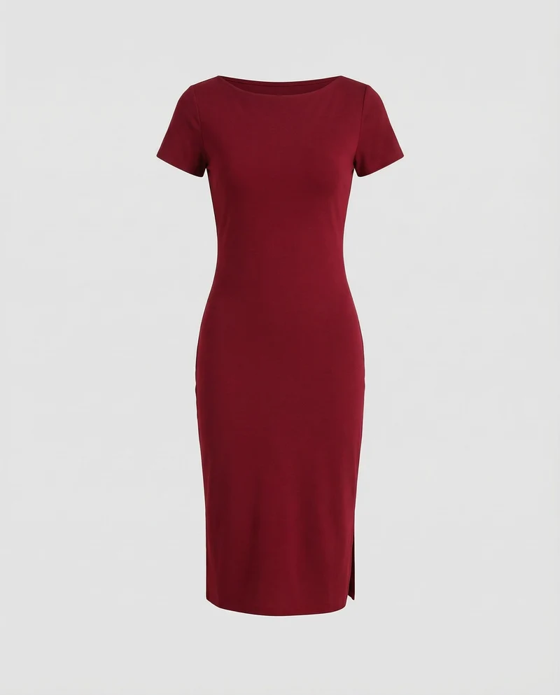 Damen Taillierte Beinschlitz Jersey Midikleid