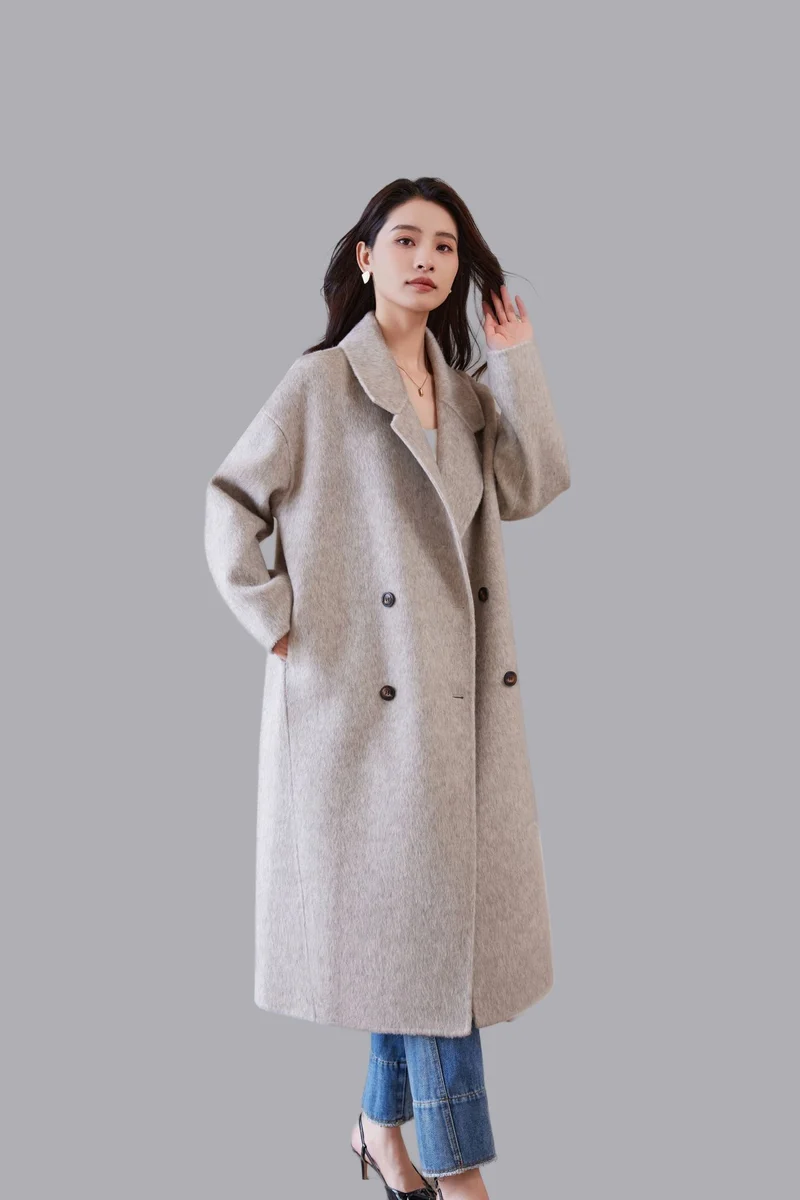 Damen Oversized Wollmix-Mantel mit weitem Revers und doppelreihiger Knopfleiste Nord Taschen