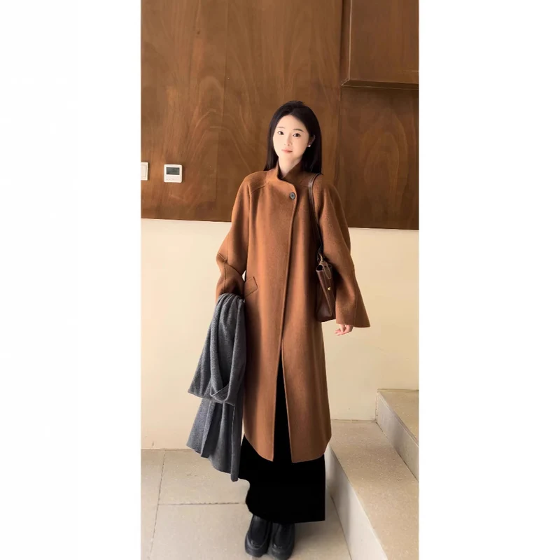 Damen Oversized Wollmantel mit Stehkragen und Ein-Knopf-Verschluss Nord Taschen