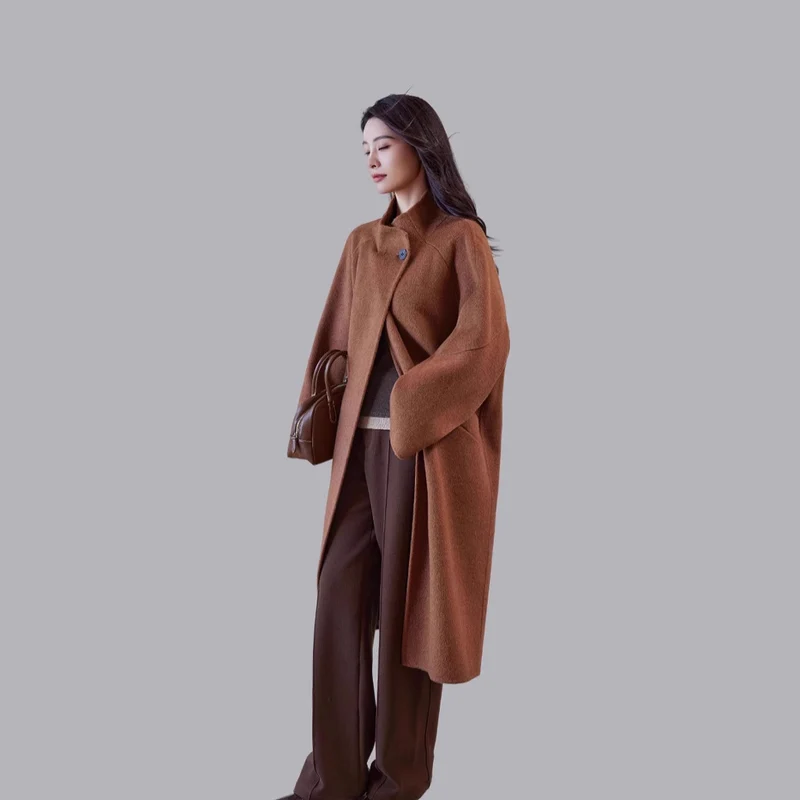 Damen Oversized Wollmantel mit Stehkragen und Ein-Knopf-Verschluss Nord Taschen
