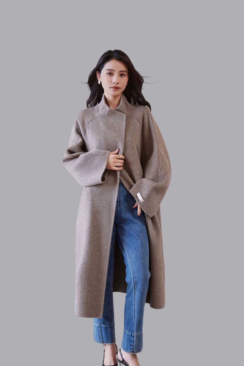 Damen Oversized Wollmantel mit Stehkragen und Ein-Knopf-Verschluss Nord Taschen